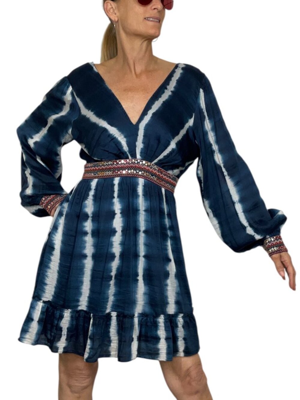 Anthropologie Verb by Pallavi Singhee Beaded Tie-Dye Mini Dress M Blue - Picture 2 of 16